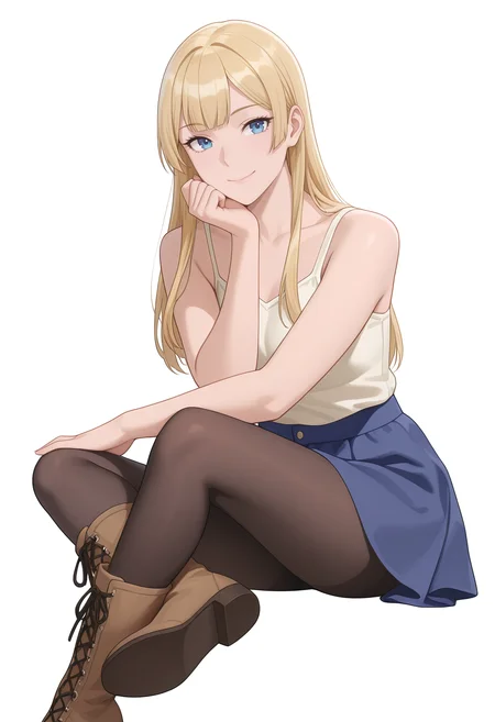 Smooth Quality,masterpiece,beautiful aesthetic, very intricate, high quality details, ultra realistic, high detailed skin,
simple background, white background,
from behind,:/,inward v,sitting pose, legs crossed, one hand resting on chin, playful smile, relaxed shoulders,  ,
<lora:Rembrandt_Sifcnn:0.7> RembrandtSif/cnn, 1girl, solo, long hair, blonde hair, blue eyes,
pantyhose, skirt, black pantyhose,boots,