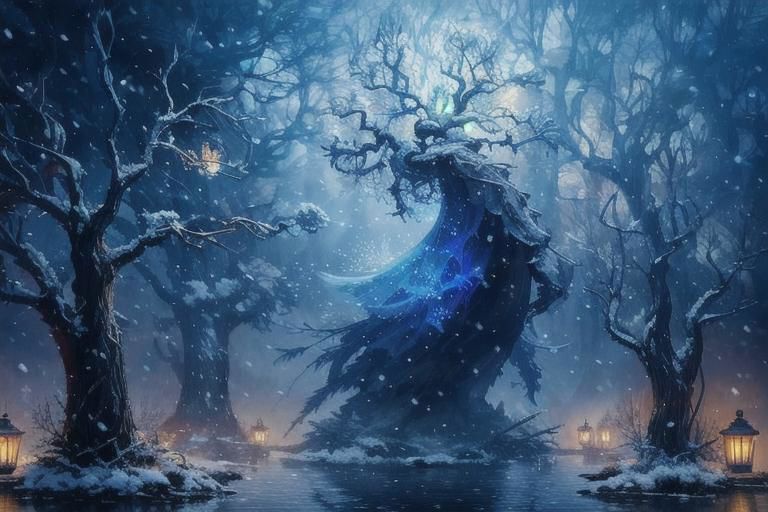 Two small robin birds on a snowy branch of a tree, one with a woolen hat and the other with a scarf illuminated by a lantern hanging from a branch, it is getting dark and snowing, in the background the last lights of the day and snowy trees blurred by the fog and falling snow, 3D style, Disney, Pixar, 4K, the little birds in focus, detailed drawing something that does not even exist, mythical being, energy, molecular, textures, impressive beauty, pure perfection, divine presence, unforgettable beauty, impressive , impressive, volumetric light, auras, rays, vivid reflected colors, you can see snowflakes falling, studio lighting, very detailed