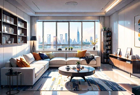 ((front view)), Shallow scene, ((animation style)), modern-style interior, with white walls, (large windows), a  study, Sofa, coffee table, bookcase, single wall, 
warm light morning sun, ((City high-rise building scenery)), (clear sky)