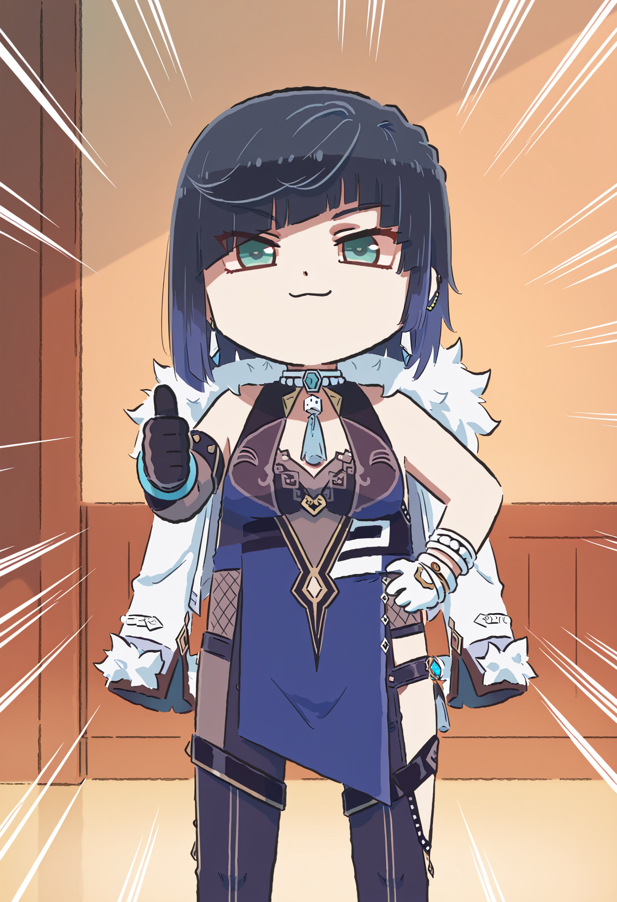 masterpiece,best quality,high resolution,source_anime,highly detailed illustration,
seductive, detailed eyes, very aesthetic,absurdres,newest, amazing quality,
detailed eyes, absurdres,newest, amazing quality,
<lora:shiXinzoroV1ill:1.0>, shixinzoruo,  chibi,
1girl, solo,
yelan \(genshin impact\), 
emphasis lines, smug, thumbs up