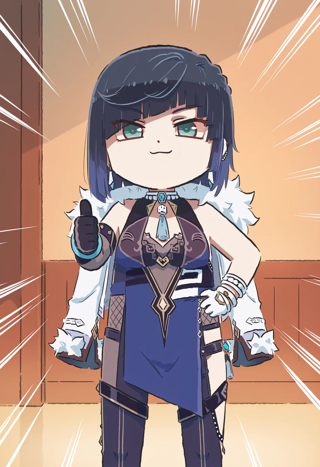 masterpiece,best quality,high resolution,source_anime,highly detailed illustration,
seductive, detailed eyes, very aesthetic,absurdres,newest, amazing quality,
detailed eyes, absurdres,newest, amazing quality,
<lora:shiXinzoroV1ill:1.0>, shixinzoruo, chibi,
1girl, solo,
yelan \(genshin impact\),
emphasis lines, smug, thumbs up