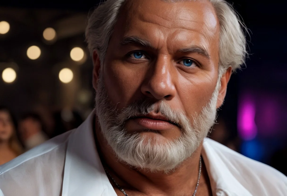 realistic, closeup portrait, face portrait, focus on face, seen from the side, dark nightclub, party, night, neonlights, alone, solo, relaxed cute pose, arm resting on leg, old granddad, old man, grandpa, tanned skin, strong tan, pubic-hair, pale blonde short hair, small flat crooked down nose, bushy eyebrows, hairy chest, chesthair, strong manly round chubby face, big belly, obese, strong arms, deep blue eyes, (charming, handsome, sensual, arrogant, challenging), moaning expression, having an intense orgasm, strong biceps, big neck, doublechin, (tanned skin, strong tan), ((looking at viewer, moaning, orgasm, ))