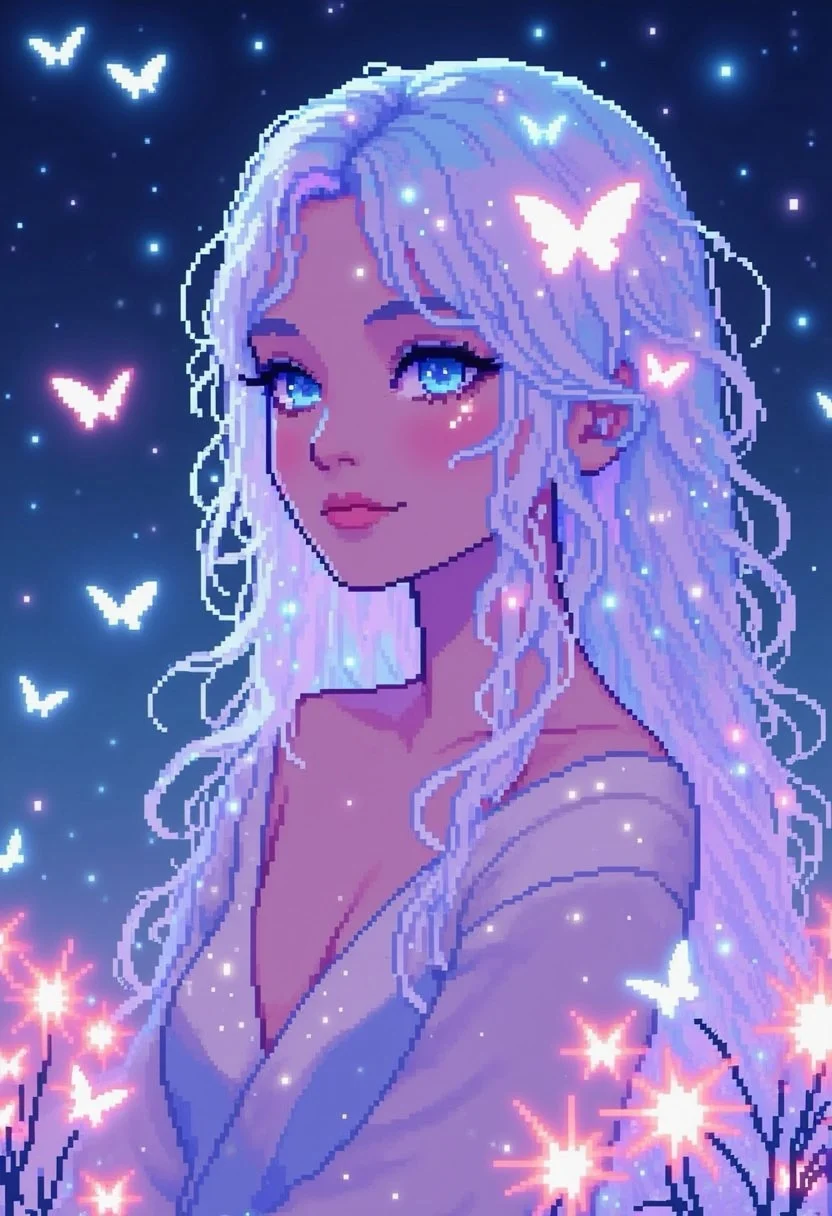 pinkpixelicious,
A graceful woman with pale iridescent skin and eyes that shift between hues of teal and lavender. Her long, pastel rainbow hair cascades like flowing silk, reflecting soft aurora colors. Tiny ethereal butterflies glow around her, fluttering in the twilight breeze. She wears a sheer, flowing gown that blends seamlessly with the dreamy atmosphere, as a glowing meadow of bioluminescent flowers stretches behind her.