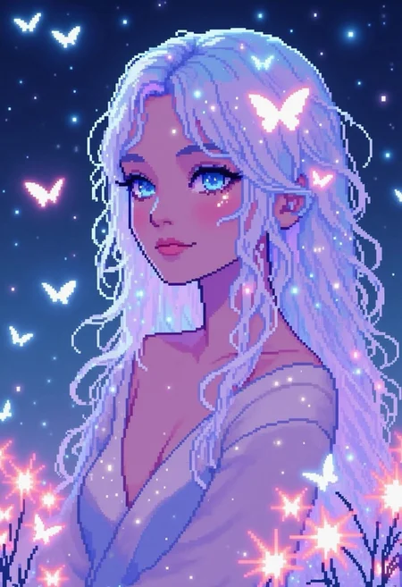 pinkpixelicious,
A graceful woman with pale iridescent skin and eyes that shift between hues of teal and lavender. Her long, pastel rainbow hair cascades like flowing silk, reflecting soft aurora colors. Tiny ethereal butterflies glow around her, fluttering in the twilight breeze. She wears a sheer, flowing gown that blends seamlessly with the dreamy atmosphere, as a glowing meadow of bioluminescent flowers stretches behind her.