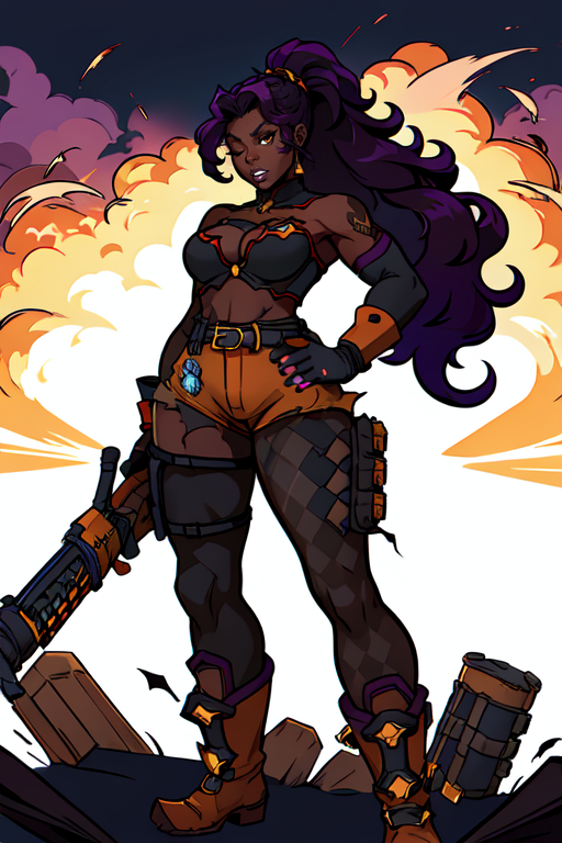 masterpiece,best quality,extreme detail,8k,image sharpness,<lora:betty:0.8>,betty2,1girl,solo,long hair,breasts,gloves,holding,bare shoulders,medium breasts,full body,ponytail,weapon,purple hair,pantyhose,boots,one eye closed,shorts,teeth,black gloves,belt,dark skin,fingerless gloves,holding weapon,dark-skinned female,torn clothes,tattoo,brown footwear,explosion,