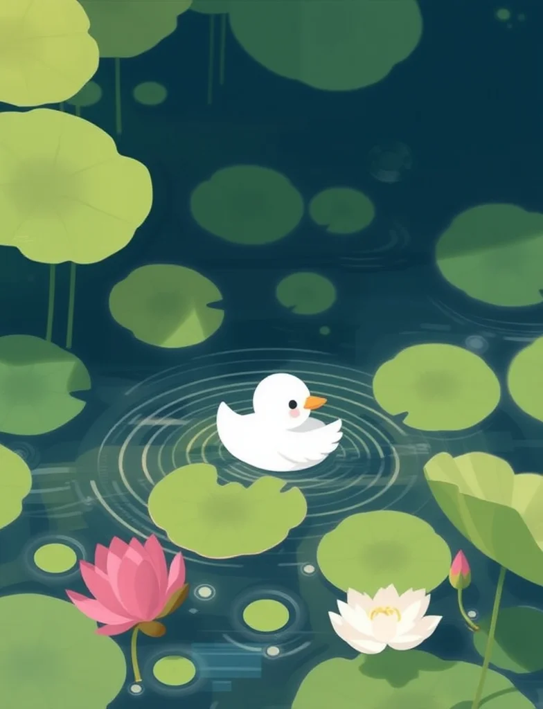 a digital whimsical illustration of a white cute duckling on the water, lotus leaves, lotus
high quality, best aethestic, best composition