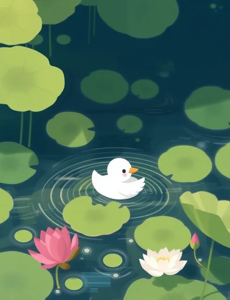 a digital whimsical illustration of a white cute duckling on the water, lotus leaves, lotus
high quality, best aethestic, best composition