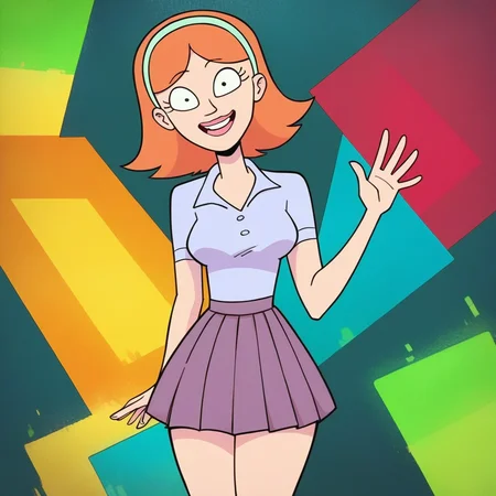 score_9, score_8_up, score_7_up, j3ss1c4, skirt, shirt, hairband,solo, looking at viewer,source_cartoon,waving, green portal background, cinematic, volumetric lighting <lora:j3ss1c4:1>