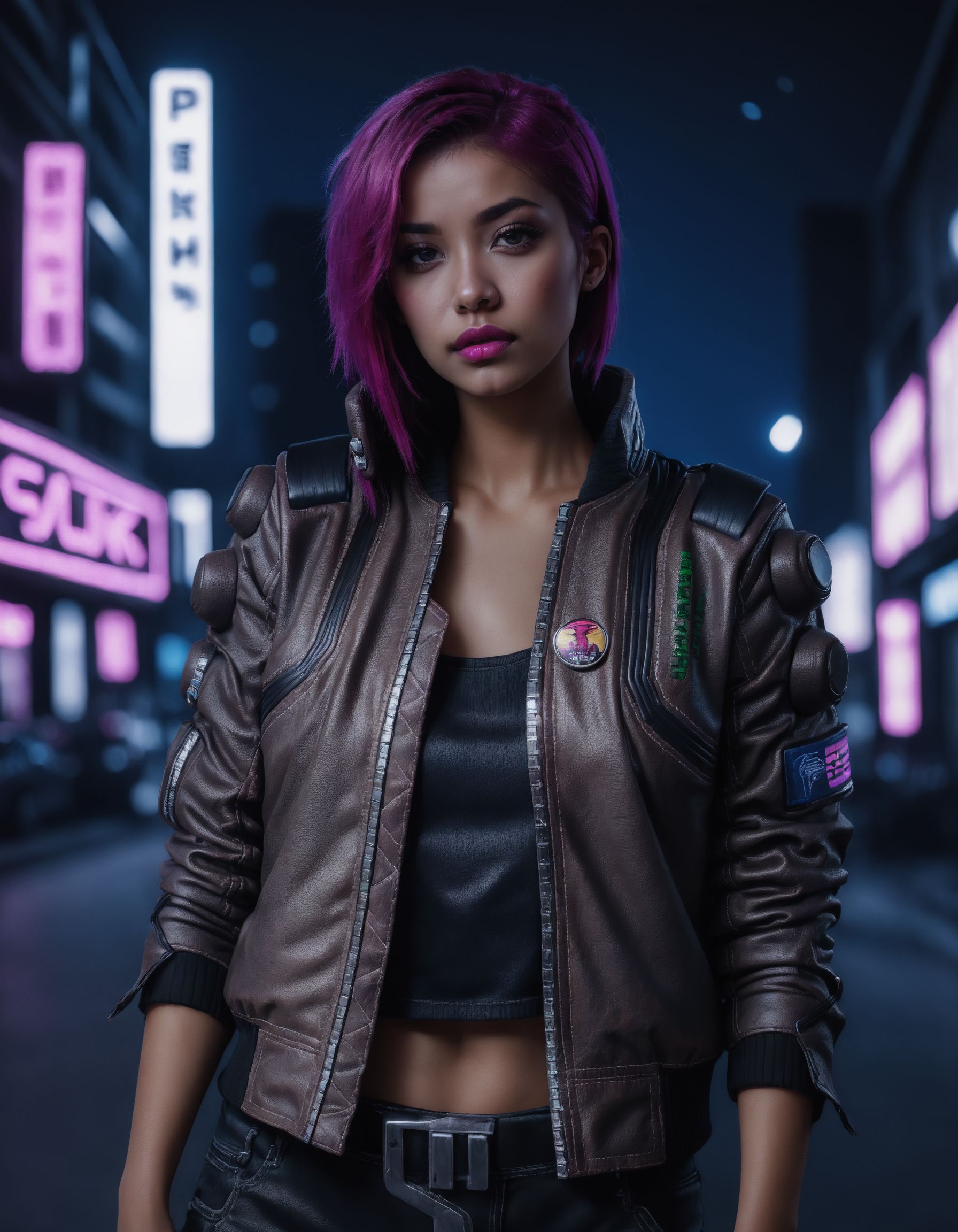 Dystopian style a gorgeous fashion model, woman, wearing a brown cyberpunk Samurai jacket, pink lips, looking at viewer, black jeans, black crop top, standing in a busy city street, purple hair, sleeves up, night, night sky, large cityscape, neon signs, highly detailed, professional, 4k,  <lora:CyberpunkSamuraiJacketSDXL:0.75> . Bleak, post-apocalyptic, somber, dramatic, highly detailed