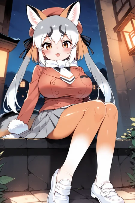 score_9, score_8_up, score_7_up, masterpiece, best quality, source anime, BREAK,
in a village, (blush:1.1) open mouth, furrowed brow, naughty face, , looking at viewer,, leaning back, BREAK
1girl, shiny skin, shiny hair, toned, narrow waist, huge breasts, teenage,
(IslandFox_KemoV,:1.2) island fox \(kemono friends\),
fox tail, fox girl, fox ears, twintails, animal ear fluff, long twintails, multicolored hair,grey hair, orange hair, white hair,
(original costume, red hat, beret,:1.1)
blazer, pleated skirt, orange pantyhose, jacket, grey skirt, long sleeves, white gloves,