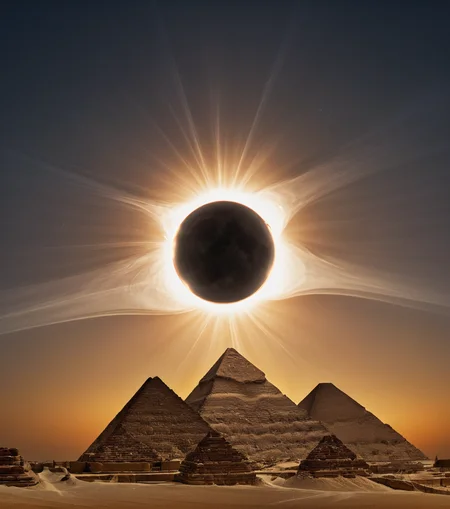 <lora:3cl1p53_01XL-000008:1.1>,(3cl1p53 style),a RAW photograph of (3cl1p53 eclipse:0.9) (rising high in the sky above),a (Giza Pyramids in Egypt) at night,surrounded by bright solar corona,HDR,(wide angle shot),sharp focus,(highly detailed),(8k wallpaper),intricately detailed,highres,absurdres,hyper realistic,8K UHD DSLR,IMAX,extremely intricate,4k textures,cinematic look),hyperdetailed