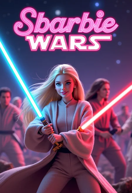 Movie Title: ''Sbarbie Wars'' big letters star wars font , pink and white letters 
Barbie Skywalker Fighting Darth ken  epic lightsaber duels, 
tagline ''Join the adventure in Sbarbie Wars, where friendship, fashion, and fabulousness collide in an epic saga of good versus evil. Get ready for a showdown filled with laughter, action, and dazzling outfits that will leave audiences cheering for the ultimate girl power!! ''
Starring Barbie , the barbies and Ken as Darth ken