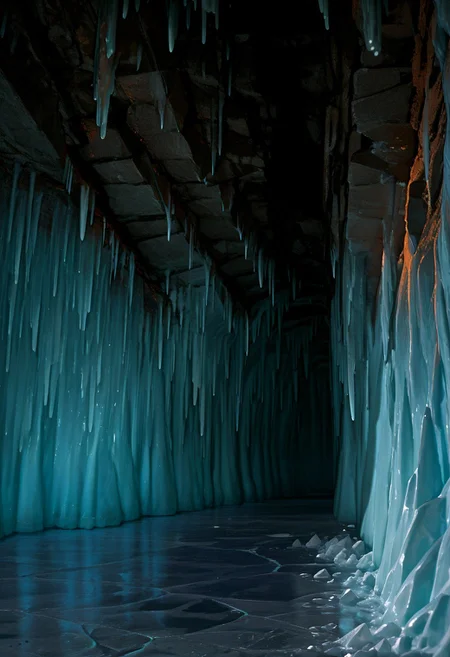 HDR, 8K, high contrast, masterpiece, best quality, amazing quality, very aesthetic, high resolution, ultra-detailed, absurdres, perfect lighting, photorealistic, volumetric lighting, dramatic shadows, cinematic lighting, (sharp image), safe, BREAK, LakeBaikal, scenery,
hkstyle,
((Cave entrance)), BREAK, ice floor, ice walls, walls covered with ice, covered with many ice growths, ice growths, BREAK, icicles, ice texture, stone texture, many stones, stone natural walls, stone boulders, boulders sticking out of the ice like rocks, the sharp corners of the stones, the texture of the rocks, BREAK, no person, no human, outdoor, BREAK, drama light, drama shadow, mystery lights, ((dark blue ice floor)), (cracks1.2), ice bubble, detail ice, mirror image from the ice, BREAK, (black ice), (deep blue color ice), deep blue water, thick broken pieces of ice, ice cracks texture, ice crystals, ice waves, frozen waves, orange moss on walls, BREAK, cinematic wide,