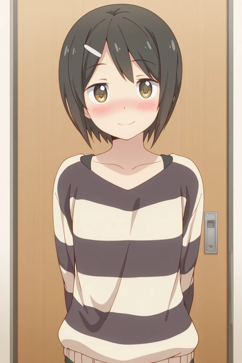 masterpiece, best quality, amazing quality,
<lora:Kaede_IL:1> kaede, 1girl, solo, hair ornament, short hair, smile, hairclip, black hair, sweater, brown eyes, striped, looking at viewer, blush,