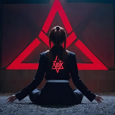cinematic film still of <lora:Kurumi Imari:1.5>
Kurumi Imari a full shot of a woman sitting on the ground with a red ritual pentagram sign behind, shallow depth of field, vignette, highly detailed, high budget, bokeh, cinemascope, moody, epic, gorgeous, film grain, grainy