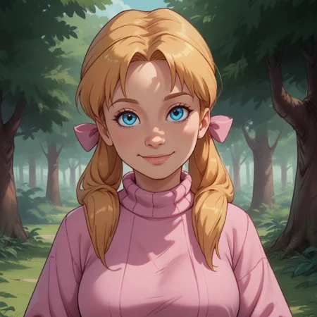 score_9, score_8, BREAK, solo, Kim_Cherrywood_(The_Care_Bears_Movie), 1girl, blue eyes, blonde pigtails, pink sweater, pink bows, blue jeans, pink shoes, self portrait, smile, looking at viewer, outdoors, sunlight, shadows, evening lighting, natural lighting, forest, trees, grass, orange sky, sunset