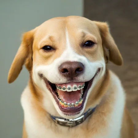 photo of a dog smiling, showing teeth, braces <lora:braces-sdxl:1>