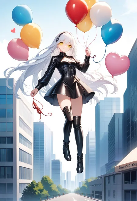 (masterpiece), (score_9, score_8_up, score_7_up,source_anime), best quality, ultra-detailed,24K, illustration, (Uncorrected), CG,
Latex, girl, umbrella,
Multiple balloons, huge balloon, heart-shaped ballon.
(Girl holding string of balloons, floating, white hair, ultra-long hair, amber eyes, ultra-detailed eyes:1.2), Chevalier dress, jacket, puntyhose, leather boots,
in Rooftop of Skyscraper, modern city, Skyscraper,