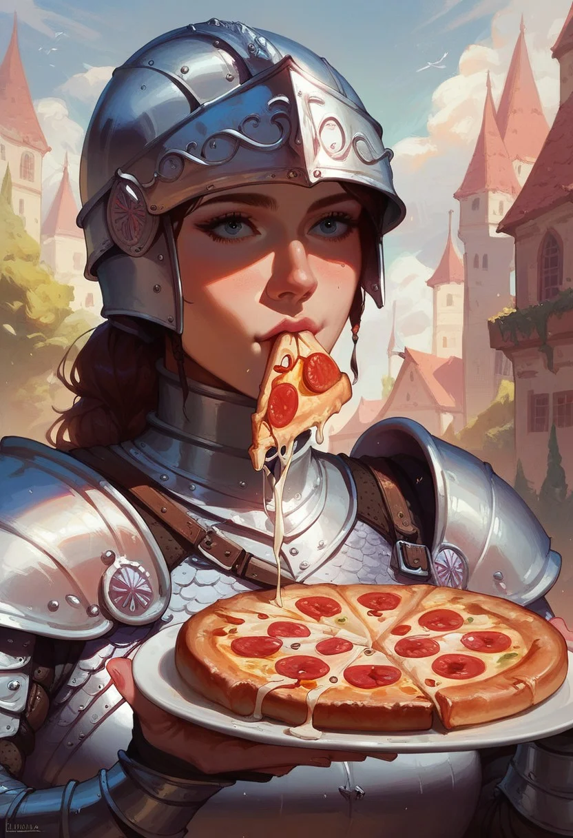 score_9, score_8_up, score_7_up, , portrait,
1girl, solo, close up, eating slice of pizza,
medieval, heavy armor, plate armor, helmet, knight,