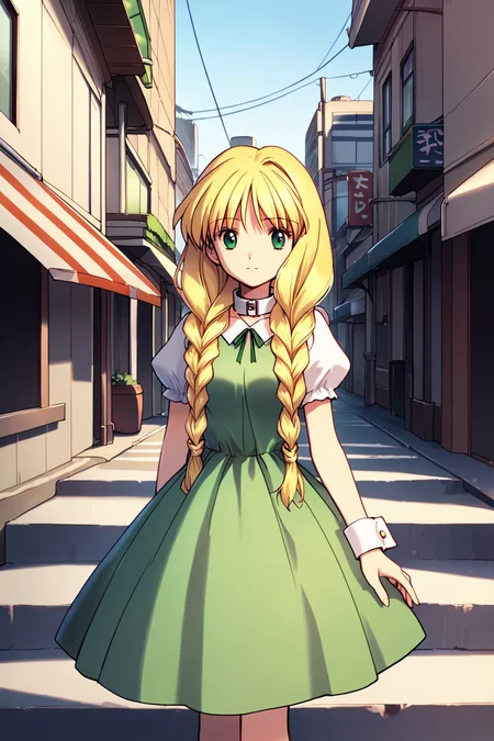 score_9, score_8_up, score_7_up, score_6_up, rating_safe, source_anime, best quality, masterpiece, detailed background, detailed eyes, 2.5d, city streets, dark_green_dress, white_sleeve_cuffs, puffy sleeves, white collar, cowboy shot, <lora:satomura-akane-xl-05:1.2>, satomura akane, medium breasts, blonde hair, green eyes,