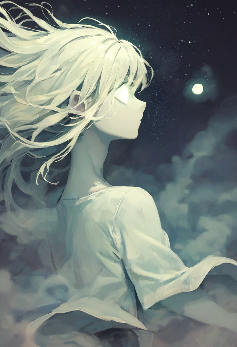ncpy88 style, score_9, score_8_up, score_7_up, score_6_up, ghost boy, ghost, spirit, femboy, 1boy, androgynous, cute, white skin, translucent skin, translucent hair, fog hair, floating, floating hair, mysterious mist, ghost eyes, fog clothes, closeup, face focus, night sky, moonlight, starry sky
