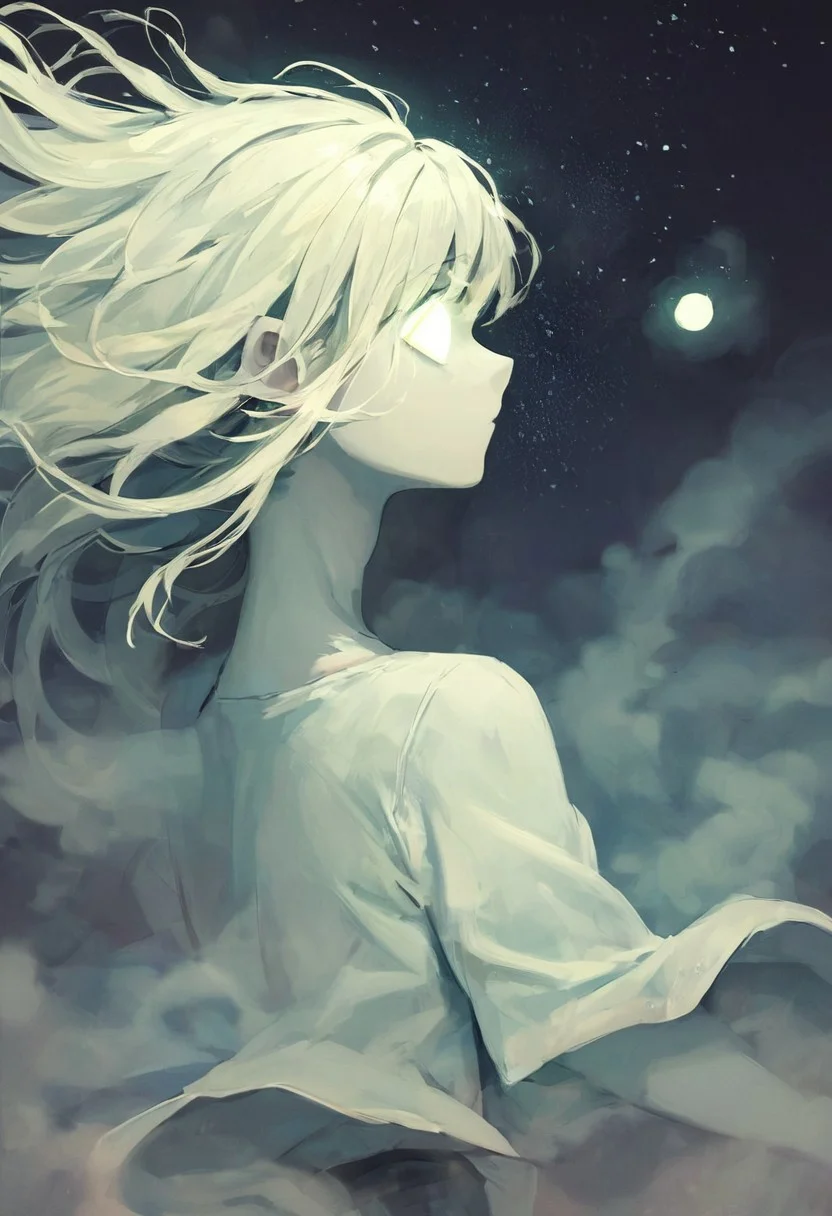 ncpy88 style, score_9, score_8_up, score_7_up, score_6_up, ghost boy, ghost, spirit, femboy, 1boy, androgynous, cute, white skin, translucent skin, translucent hair, fog hair, floating, floating hair, mysterious mist, ghost eyes, fog clothes, closeup, face focus, night sky, moonlight, starry sky