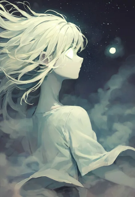 ncpy88 style, score_9, score_8_up, score_7_up, score_6_up, ghost boy, ghost, spirit, femboy, 1boy, androgynous, cute, white skin, translucent skin, translucent hair, fog hair, floating, floating hair, mysterious mist, ghost eyes, fog clothes, closeup, face focus, night sky, moonlight, starry sky