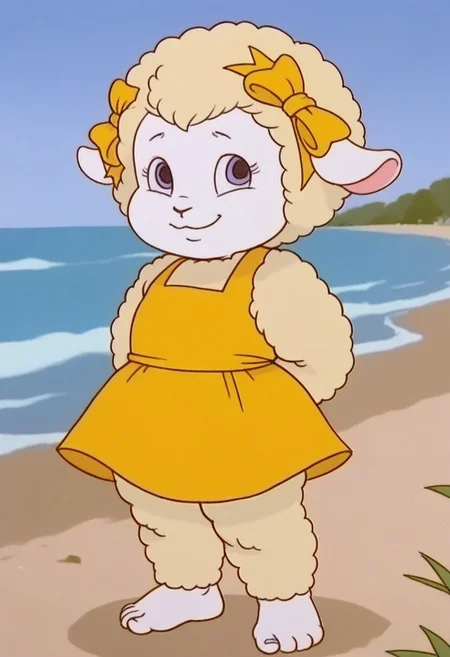 Woolma, 1girl, solo, sheep girl, wool, yellow dress, yellow bow, barefoot, standing, looking at viewer, smiling, closed mouth, outdoors, beach, hands behind back