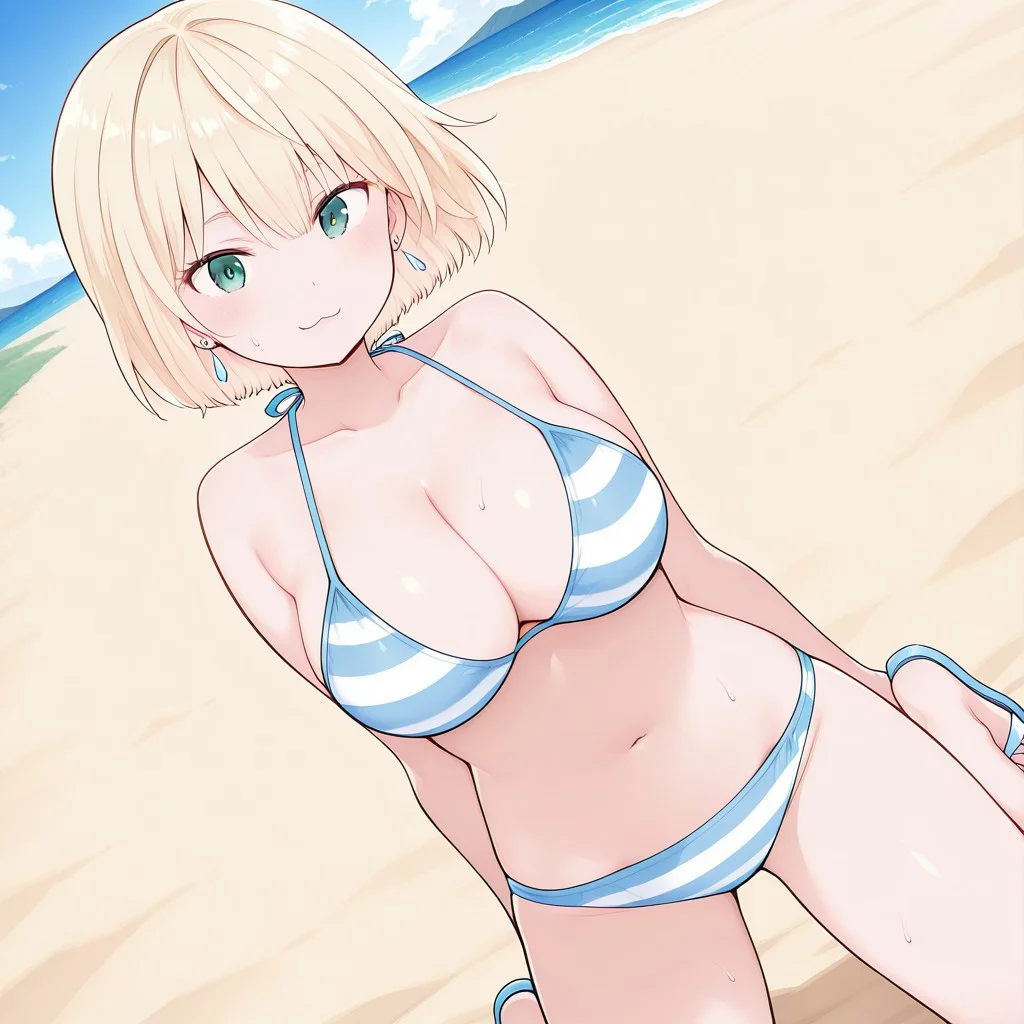 takinami_lemon, green eyes, blonde hair, short hair, earrings, blue bikini, striped bikini, navel, cleavage, sweat, <lora:takinami_remon_illustrious_ver2:0.8>
smile, :3, masterpiece, best quality, very aesthetic, absurdres, general,, 1girl, solo, blue sky, (beach:1.4), (ocean:1.2), kneeling, leaning back, legs apart, sandals, towel, arms at side, looking at viewer,, (dutch angle,cowboy shot, dynamic pose:1.2), (field:1.3), (sky:1.12),