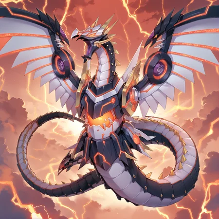 (score_9:0.9),score_8_up,score_7_up,rating_safe,(zPDXL3),
<lora:Cyber Dragon Infinity ponyXL v1.12:0.74>,
cyber dragon infinity,solo,glowing,electricity,open mouth,spikes,full body,mecha dragon,spread wings,red lightning,red glowing mecha eyes,facing viewer,