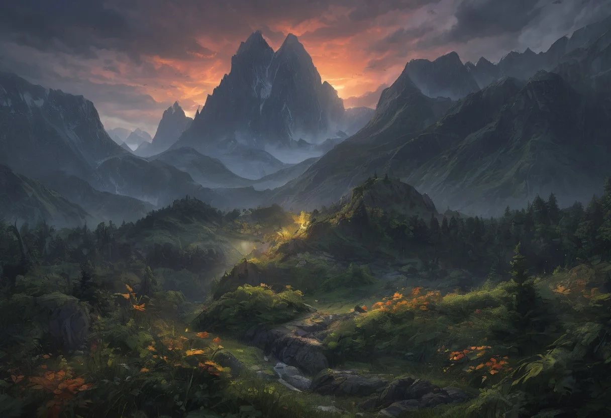 Beautiful outdoor, nature, no humans, mountain, dark twilight, forest, masterpiece, sharp focus, photorealistic rendering, extremely detailed description, <lora:zavy-mthcl-sdxl:0.5> <lora:Detailed_notrigger:1> <lora:Wildcard-Detail_Enhancer:1>