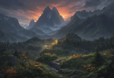 Beautiful outdoor, nature, no humans, mountain, dark twilight, forest, masterpiece, sharp focus, photorealistic rendering, extremely detailed description, <lora:zavy-mthcl-sdxl:0.5> <lora:Detailed_notrigger:1> <lora:Wildcard-Detail_Enhancer:1>