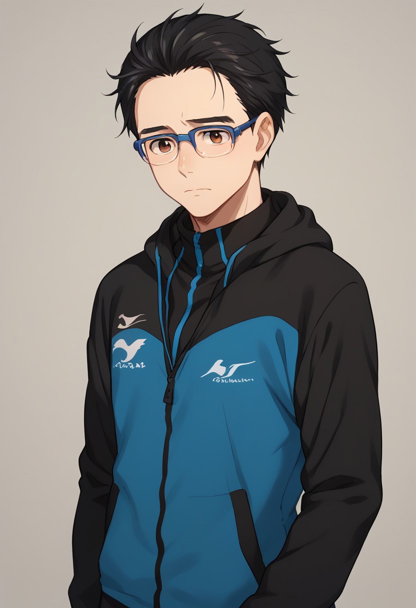 score_8_up, score_7_up, source_anime, highly detailed, 
yurikatsuki, 1boy, male focus, black hair, hair slicked back, brown eyes, glasses, blue-framed eyewear, track jacket, tired,
indoor,