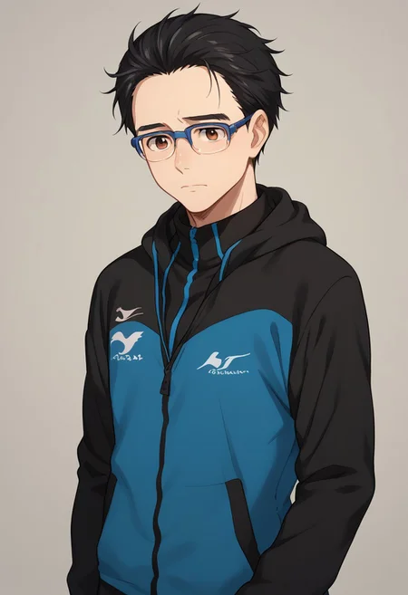 score_8_up, score_7_up, source_anime, highly detailed, 
yurikatsuki, 1boy, male focus, black hair, hair slicked back, brown eyes, glasses, blue-framed eyewear, track jacket, tired,
indoor,
