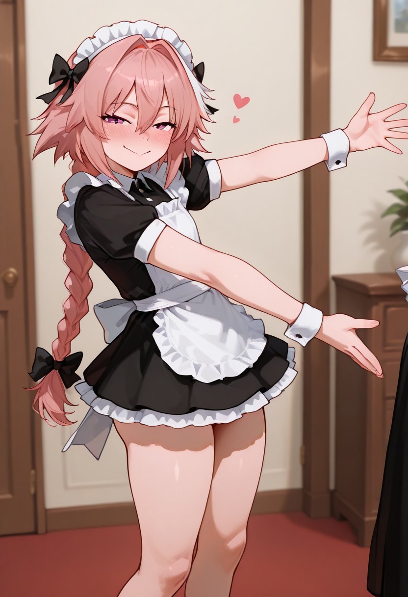 astolfo
((Ta Da! Presenting, Arms out,))
((masterpiece, best quality, amazing quality, very aesthetic, absurdres, newest,))
young body, shortstack, short, slender body, petite, small, short legs, skinny legs, minuscule body, tiny, petite body, seductive face,  blushing, slutty eyes, 
((Maid outfit))
((Embarresed))
beautiful, detailed eyes, perfect face, thick thifhs,detailed hand, seductive look,bedroom eyes
Standing
((Big thighs))
Dimwitdog