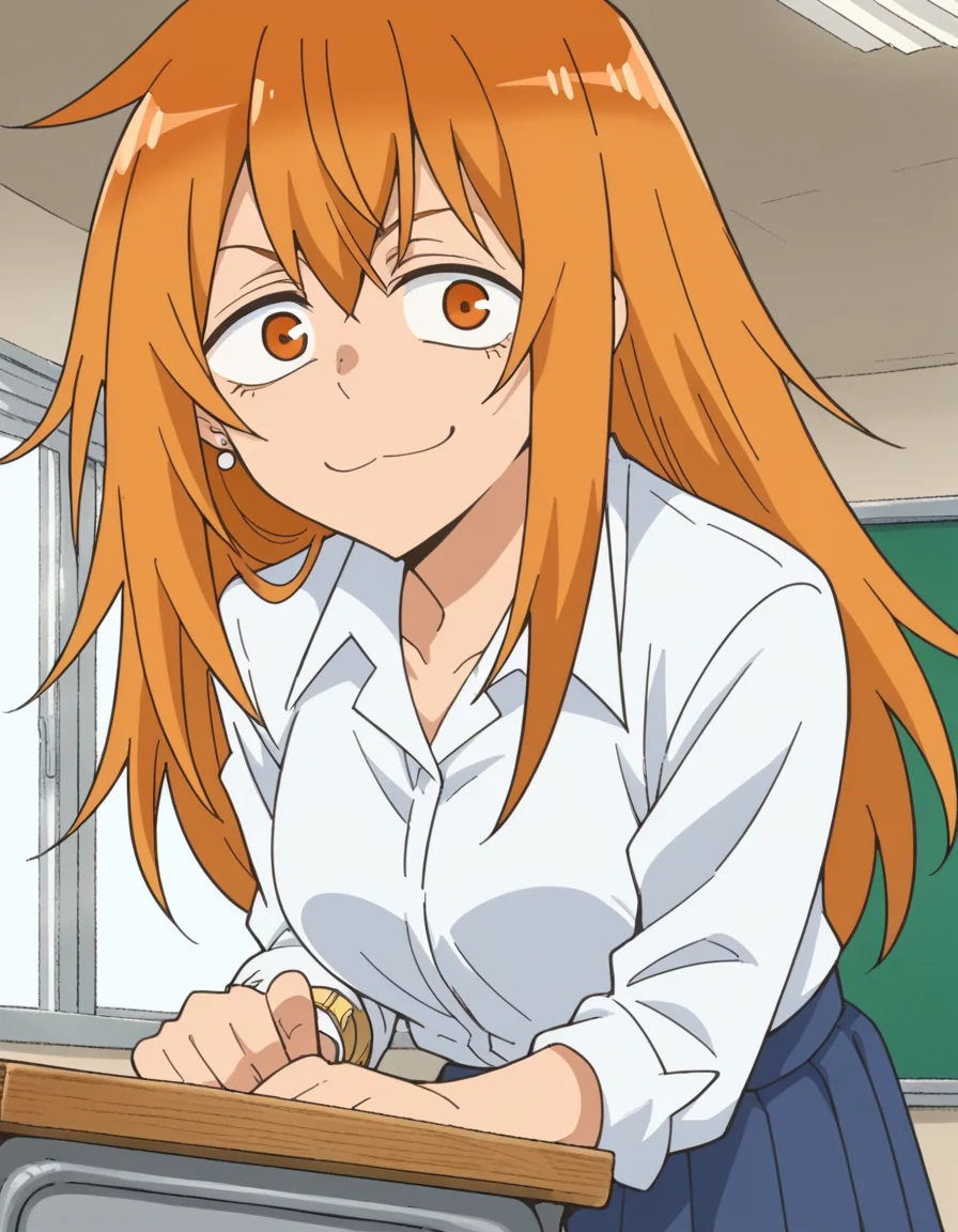 score_9, score_8_up, score_7_up, source_anime,
makigamou, <lora:maki-gamou-s1s2-ponyxl-lora-nochekaiser:1>,
maki gamou, long hair, orange hair, orange eyes, sanpaku,
skirt, shirt, jewelry, school uniform, white shirt, pleated skirt, earrings, blue skirt,
indoors, classroom, bent over, smile,
looking at viewer, cowboy shot, solo, dutch angle,