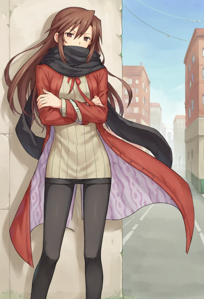 score_9,score_8_up,score_7_up,anime coloring BREAK source_anime,anime,<lora:Paffel_Hazel_summon_night:0.8>,hazel,1girl,solo,brown hair,long hair,brown eyes,scarf,black scarf,pantyhose,red coat,sweater,crossed arms,outdoors,city alley,