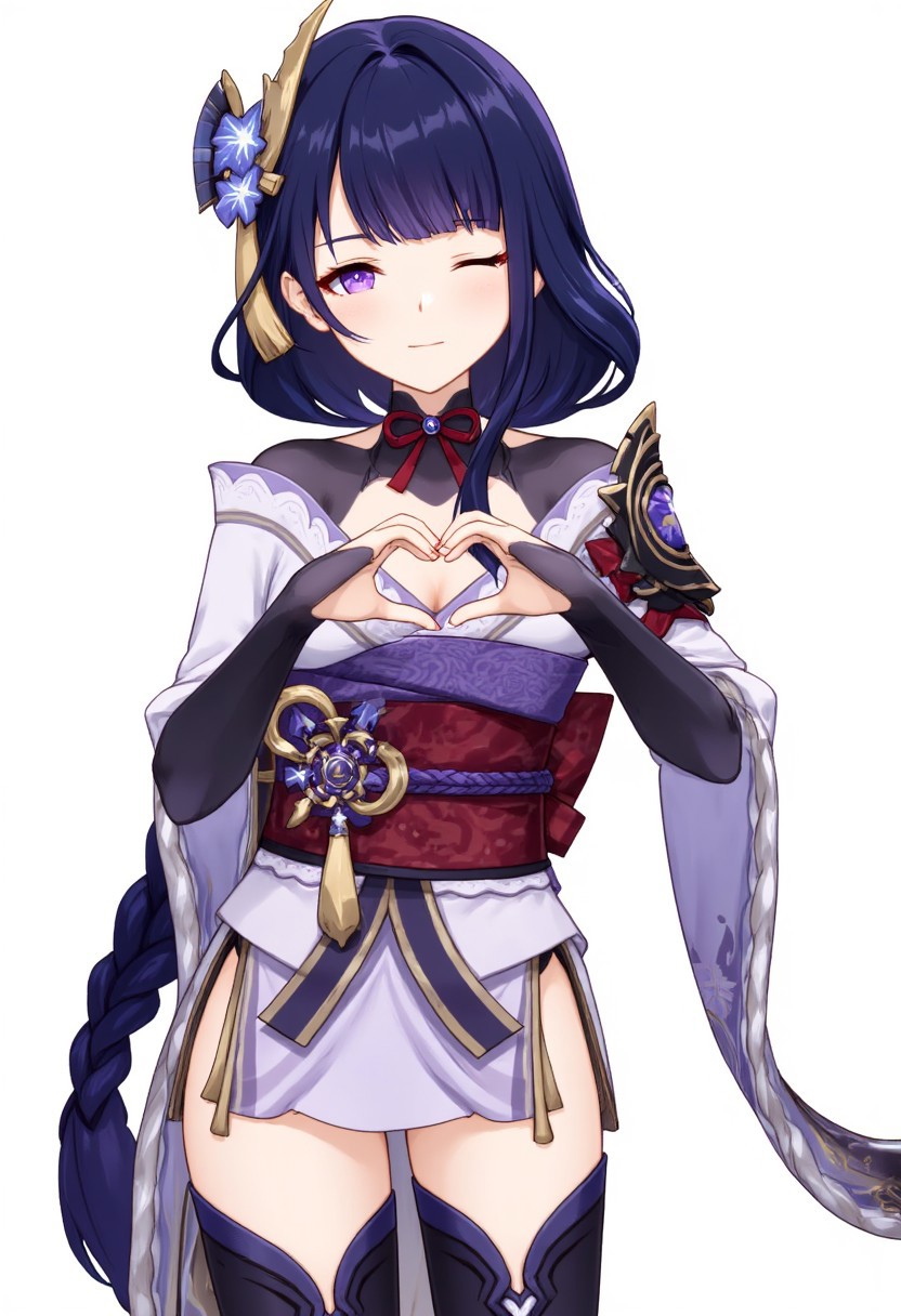 RaidenShogun 1girl,raiden shogun,solo,heart_hands,smile,black_hair,long_hair,streaked_hair,two-tone_hair,sidelocks,hair_ornament,absurdres,highres,;\),blunt_bangs,bridal_gauntlets,commentary,long_sleeves,looking_at_viewer,low_ponytail,mitsudomoe_\(shape\),obiage,one_eye_closed,,short_kimono,shoulder_armor,simple_background,white_background,wide_sleeves,