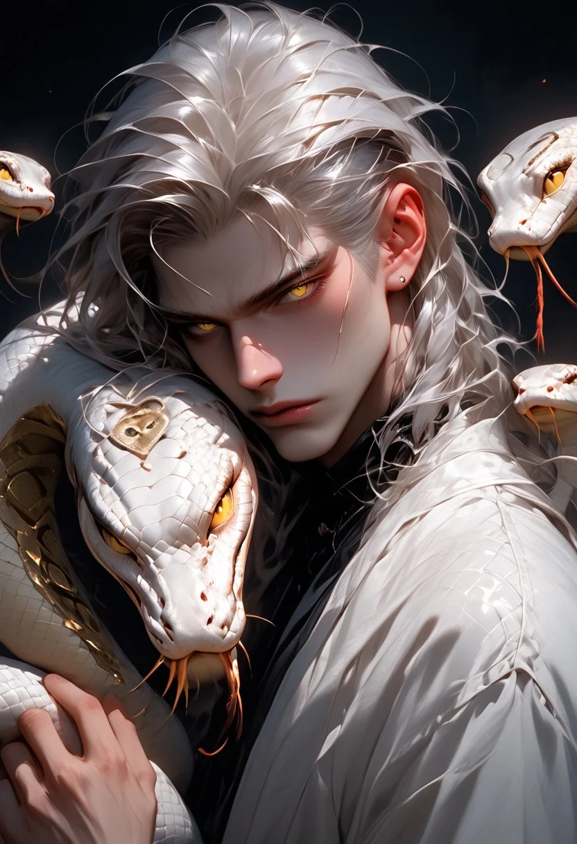 score_9, score_8_up, score_7_up, masterpiece, ultra-realistic 8k, (best quality), (lots of details), (intricate details), perfect male painting, detailed painting, inrticate, realistic skin, (dark theme, dark shot), (side view:0.5), (cowboy shot), adult boy, gay, (muscule: 0.5), white hair, yellow eyes, hugs, naked, his body covered around by white (big_snake:2.2), dynamic pose, suggestive pose, seductive, looking at viewer, dark theme, glare and reflections, highres textures, Expressiveh