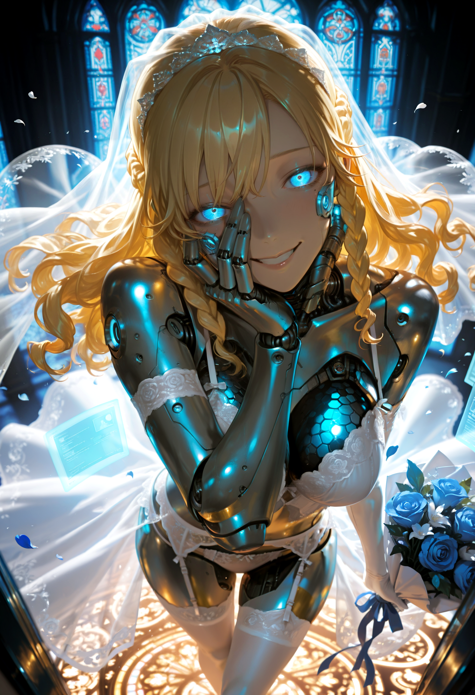 1girl, cyborg, blue eyes, glowing eye, blonde hair, curly hair, half updo, side braids, yandere trance, crazy smile, cybernetic body, metal body, silver body, joints, curvy figure, embroidery, white bridal lingerie, bridal veil, white elbow gloves, lace panties, white thighhighs, garter belt, BREAK holding bouquet, hand on own face, looking at viewer, dynamic pose, backlighting, rim light, dark room, holographic interface, holographic screen, stained glass, petals, full-length portrait, from above, perspective, BREAK masterpiece, best quality, detailed, detailed background, detailed clothing, detailed hair, mole, wrinkles, skin folds, intricate, volumetric lighting, dramatic lighting, very awa, very aesthetic, dynamic, cinematic, BREAK