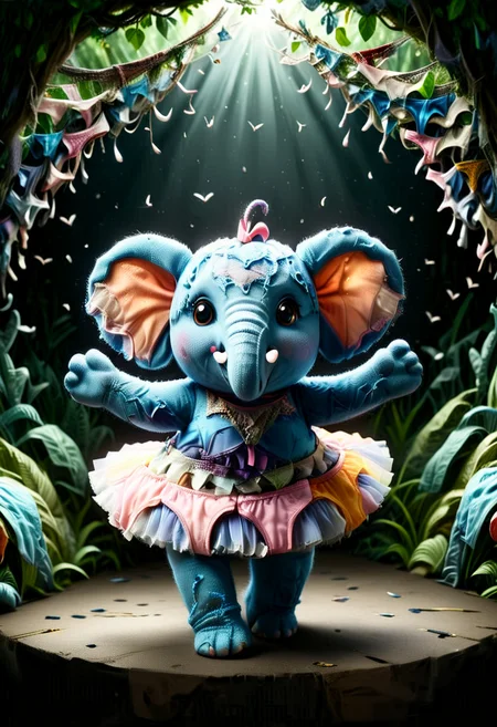 award winning, P4NT13S, A joyful elephant ballerina in a P4NT13S tutu, performing an elegant dance on a stage surrounded by glowing fireflies in a moonlit jungle ,enhanced textures, creative, beautiful, vibrant, masterpiece, 8k, Ultra HD, amazing details, amazing quality, amazing artist, sharp edges, detailed textures, full view, atmospheric lighting, amazing visuals