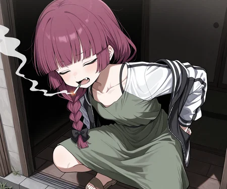 masterpiece, best quality, amazing quality, 1girl, solo, smoking, , <lora:Uwata_h ILXL:1> Uwata_h, <lora:kikuri-hiroi-s1-ponyxl-lora-nochekaiser:0.6> kikuri hiroi, black bow, blunt bangs, braid, closed eyes, purple eyes, fang, hair bow, hair over shoulder, long hair, purple hair, sidelocks, single braid, fangs, black jacket, brown footwear, collarbone, dress, green dress, jacket, long sleeves, open clothes, open jacket, raglan sleeves, sandals, white sleeves,