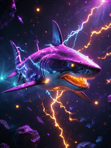 glowneon, cinematic film still, A glowing shark swimming in space emanating lights and sparks, dark amethyst and orange <lora:glowneon_xl_v1:1> <lora:aesthetic_anime_v1s:0.5>