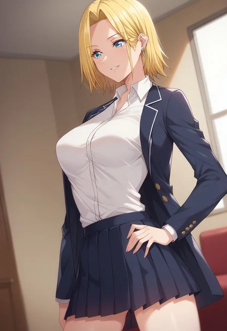 score_9,score_8_up,score_7_up,score_6_up,blurry, blurry background,1girl,hamazakir,blue eyes,blonde hair,earrings,jewelry,school uniform,shirt,collared shirt,white shirt,skirt,pleated skirt,blazer,long sleeves,breasts,sexy thighs,upper body,volumetric light,standing,posing,friendly,indoors,living room,cowboy shot,dutch angle