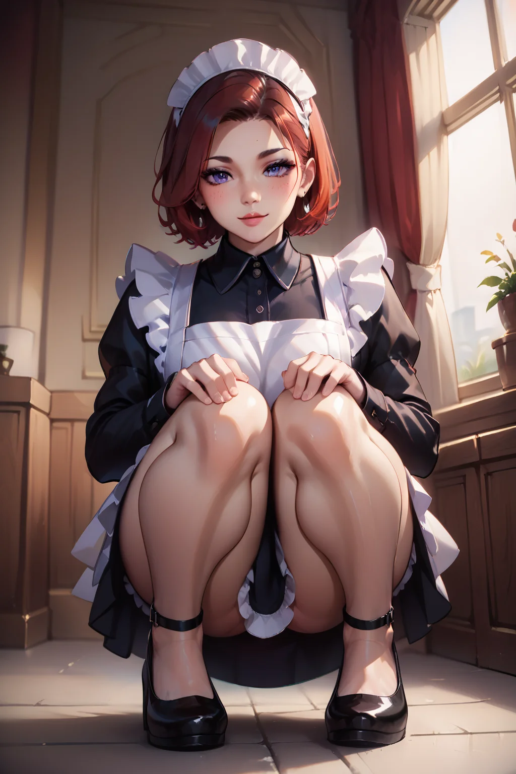 squatting,legs together, from below,<lora:Squatting_v2:0.8>, <lora:l0ngm41dXLP:0.6> l0ngm41d, long sleeves, bow, apron, maid, frilled apron, Score_9, Score_8_up, Score_7_up, Score_6_up, Score_5_up, Score_4_up, BREAK,1girl in full growth, best quality, masterpiece, ultra-detailed, high quality,good quality,1 girl,(master piece,high resolution, ultra detailed,8K,16K),look at viewer
