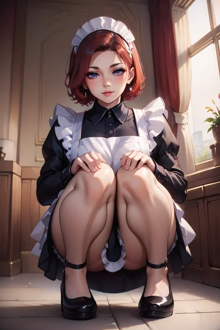 squatting,legs together, from below,<lora:Squatting_v2:0.8>, <lora:l0ngm41dXLP:0.6> l0ngm41d, long sleeves, bow, apron, maid, frilled apron, Score_9, Score_8_up, Score_7_up, Score_6_up, Score_5_up, Score_4_up, BREAK,1girl in full growth, best quality, masterpiece, ultra-detailed, high quality,good quality,1 girl,(master piece,high resolution, ultra detailed,8K,16K),look at viewer