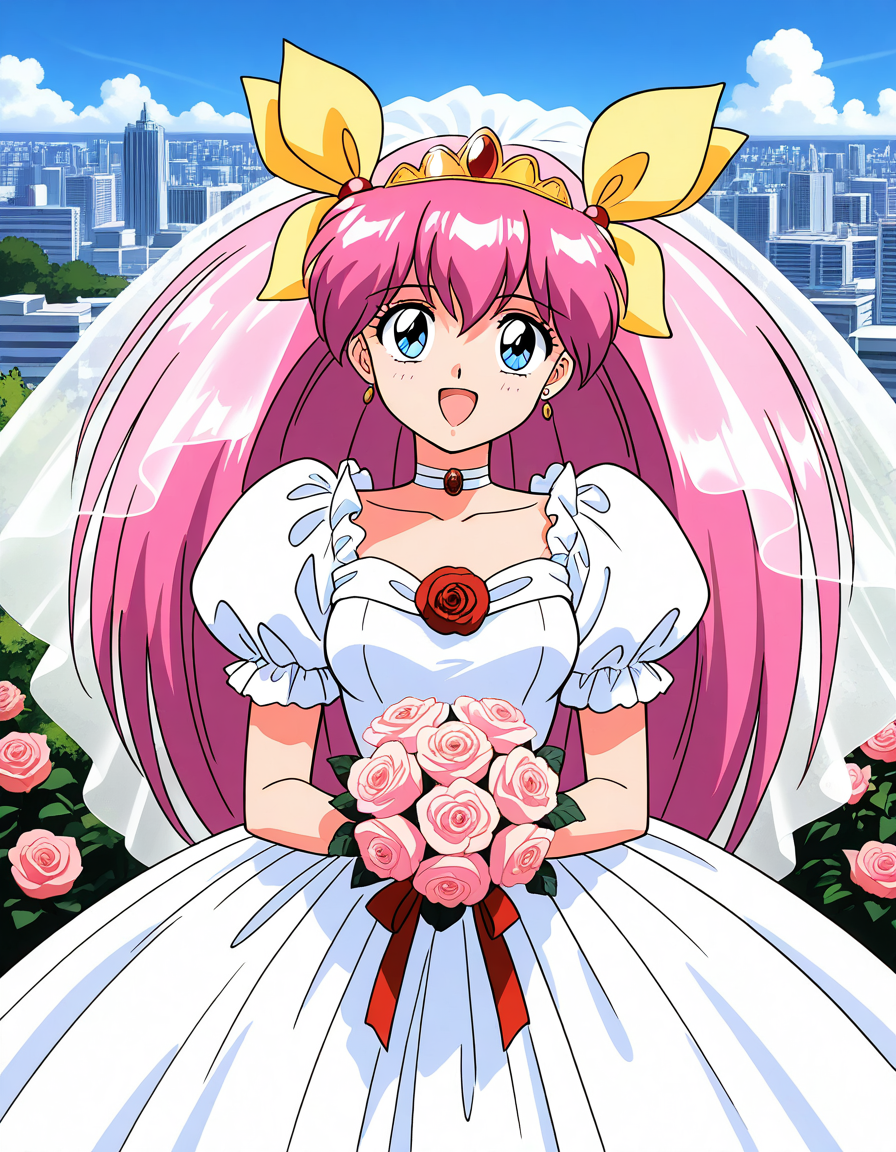 general,highres, ultra-detailed,very aesthetic,best quality ,best hands,  BREAK <lora:Hanasaki_Momoko_IS:1>Hanasaki_Momoko, 1girl,solo, long hair, pink hair, blue eyes, yellow bow, breasts, a, hair bow, twintails, very long hair, hair ribbon, 1990s (style),anime coloring, smile,looking at viewer, cowboy_Shot,
solo, flower, dress, bouquet,  bow, wedding dress, choker, rose, jewelry, tiara, earrings, smile, 
puffy sleeves, open mouth, white dress, veil, short sleeves, happy, puffy short sleeves, ribbon, bride, frills, :d, holding, bridal veil, pink bow,  looking at viewer
outdoor, day, sky, city,