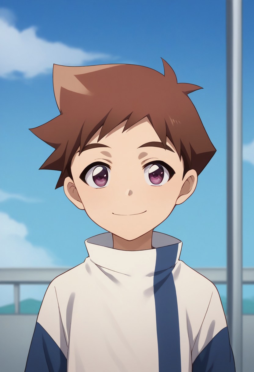 score_9, score_8_up, score_7_up, source_anime, highly detailed,
hayato, 1boy, solo, brown hair, male focus,  smile, upper body, looking at viewer, standing, brown eyes, spiked hair, shirt, long sleeves, blue sleeves, stripe, blue stripe, purple eyes,
outdoor, sky, train, shinkansen