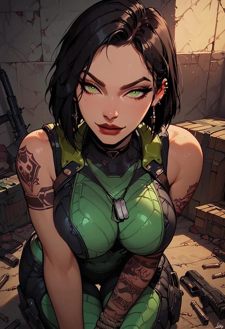 Score_9, Score8_up, Score_7_up, (((High Resolution, Best Quality))), 
1girl, Viper, Viper Valorant, solo, toned arms, sleeveless, Covered in Tattoos, neck tattoos, hair tied up, black hair, green stripe in hair,
futuristic, futuristic armor, neon green lights on bodysuit, armored suit, body armor, armor, plated armor, revealing bodysuit, tight bodysuit, tactical, military gear, toxic canisters, toxic chemicals, poision vials, 
large breasts, choker, dog tags, ear piece, 
seducing, seductive, flirty, tender, loving, playful, looking at viewer, smug, devious smirk, 
Sitting on ground, leaning against wall, relaxed, leaning back, arm resting on knees, arm on knee, leaning forward, hand on chin, 
inside, Military, military base, military barracks, cots, crates, military boxes, guns, bullets, supplies, armory,