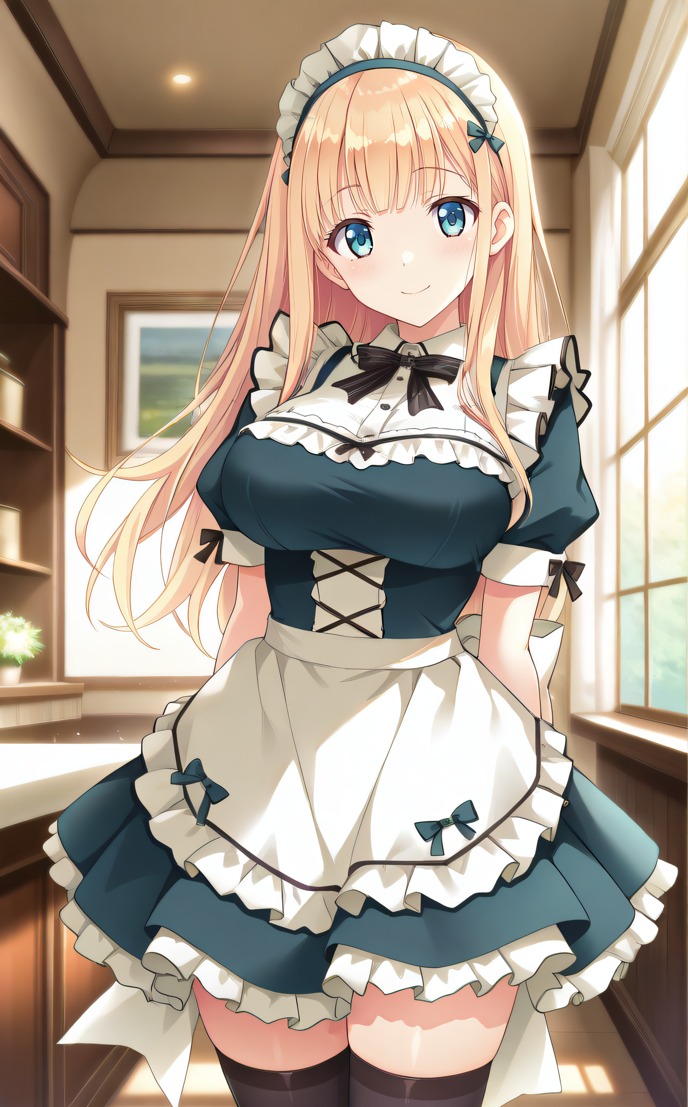 masterpiece, best quality, highres, scenery, newest, 1girl, solo, official style, <lora:Tsukishima_Saori:1>, saori, blonde hair, green maid dress, apron, headdress, black bowtie, large breasts, frills , black thighhighs, looking at viewer, smile, indoor, cowboy shot